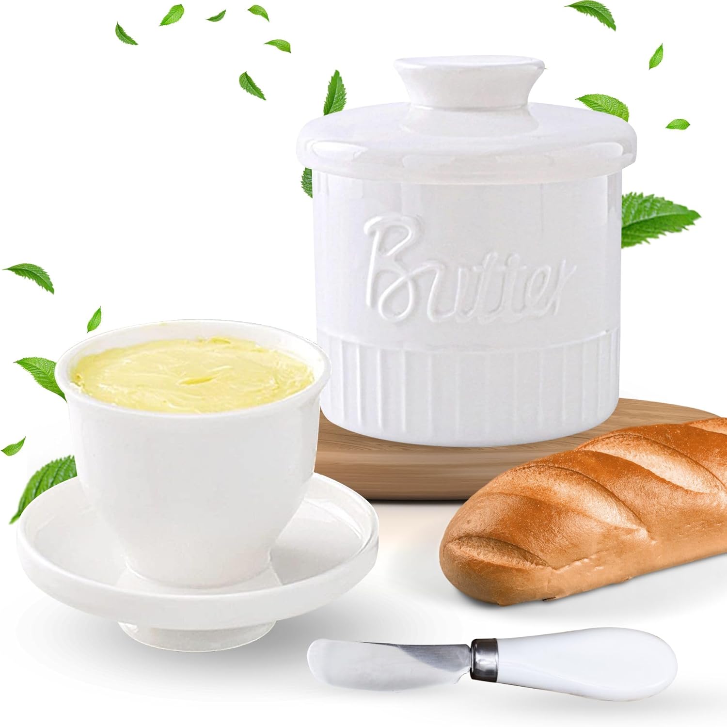 DDN GLOBAL - Mantequillera con tapa, platos de mantequilla de cerámica, plato grande de mantequilla con tapa y cuchillo, juego de 3 piezas, mantiene