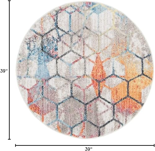 Miniatura 2 de Unique Loom Rainbow Collection - Alfombra redonda de acuarela blanca geométrica abstracta con enrejado (3 pies 3 pulgadas x 3 pies 3 pulgadas)