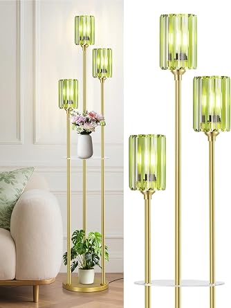 Floor Lamps for Living Room, Modern Floor Lamp with Shelves, Mid Century Crystal Tall Standing Lamps with Table, Brass Crystal Lamp Vintage Retro Corner Lamp for Bedroom Green Gold | Vintage Gold and Green Tall Shlef Lamp with Table 67 Inches 3 Light Glass Shade for Rust Gothic Western Boho Industrial Style