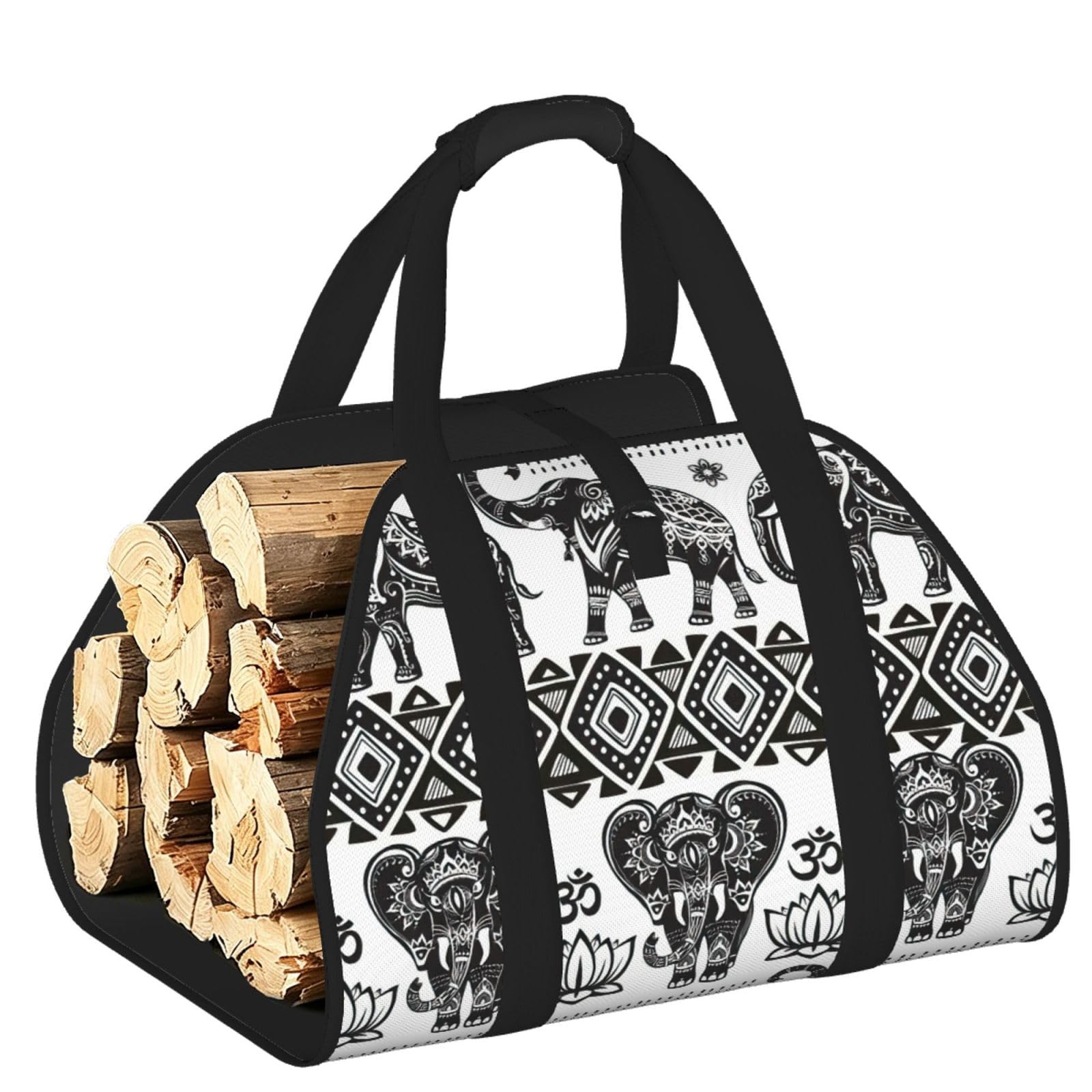 Bohemian Elephant Pattern Printed Firewood Carrier Bag, Log Tote with Open-Ended Design for Camping Outdoor Wood Hauling