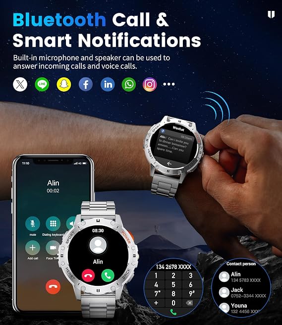 LIGE Military Smart Watch for Men with Flashlight,530mAH Outdoor Sport Fitness Tracker Watch,1.43 HD Smartwatch for Android iOS with Heart Rate Blood Pressure Monitor Silver 3 Straps(EF5-N)