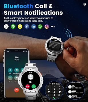 LIGE Military Smart Watch for Men with Flashlight,530mAH Outdoor Sport Fitness Tracker Watch,1.43 HD Smartwatch for Android iOS with Heart Rate Blood Pressure Monitor Silver 3 Straps(EF5-N)