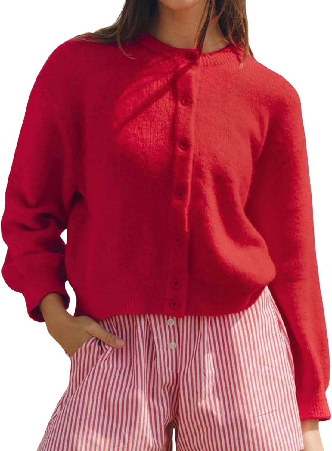 Wyeysyt Women Cardigan Sweater Button Down Long Sleeve Crewneck Soft Knit Sweater Fall Open Front Loose Casual Cardigan