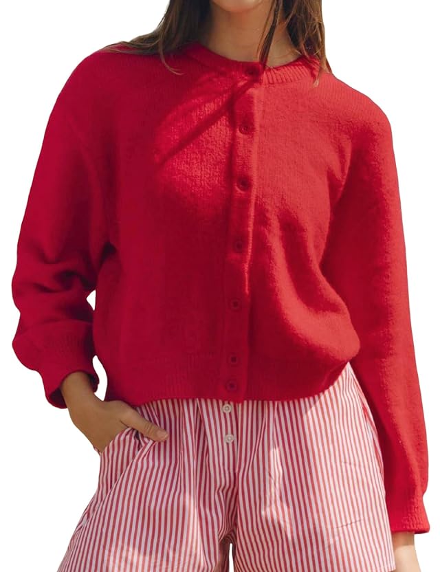 Wyeysyt Women Cardigan Sweater Button Down Long Sleeve Crewneck Soft Knit Sweater Fall Open Front Loose Casual Cardigan
