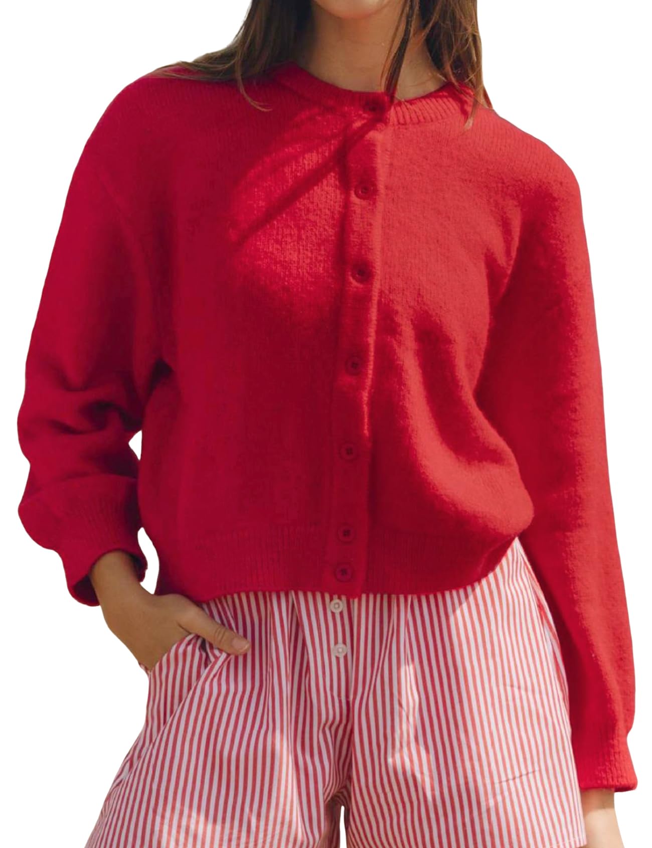 Wyeysyt Women Cardigan Sweater Button Down Long Sleeve Crewneck Soft Knit Sweater Fall Open Front Loose Casual Cardigan