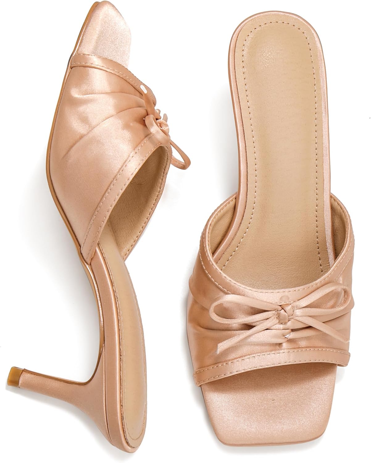 Open Toe Kitten Heels Bow Sandals Slip On Almond Toe Cutout Elegant Mule Sandals for Wedding Party Summer Shoes
