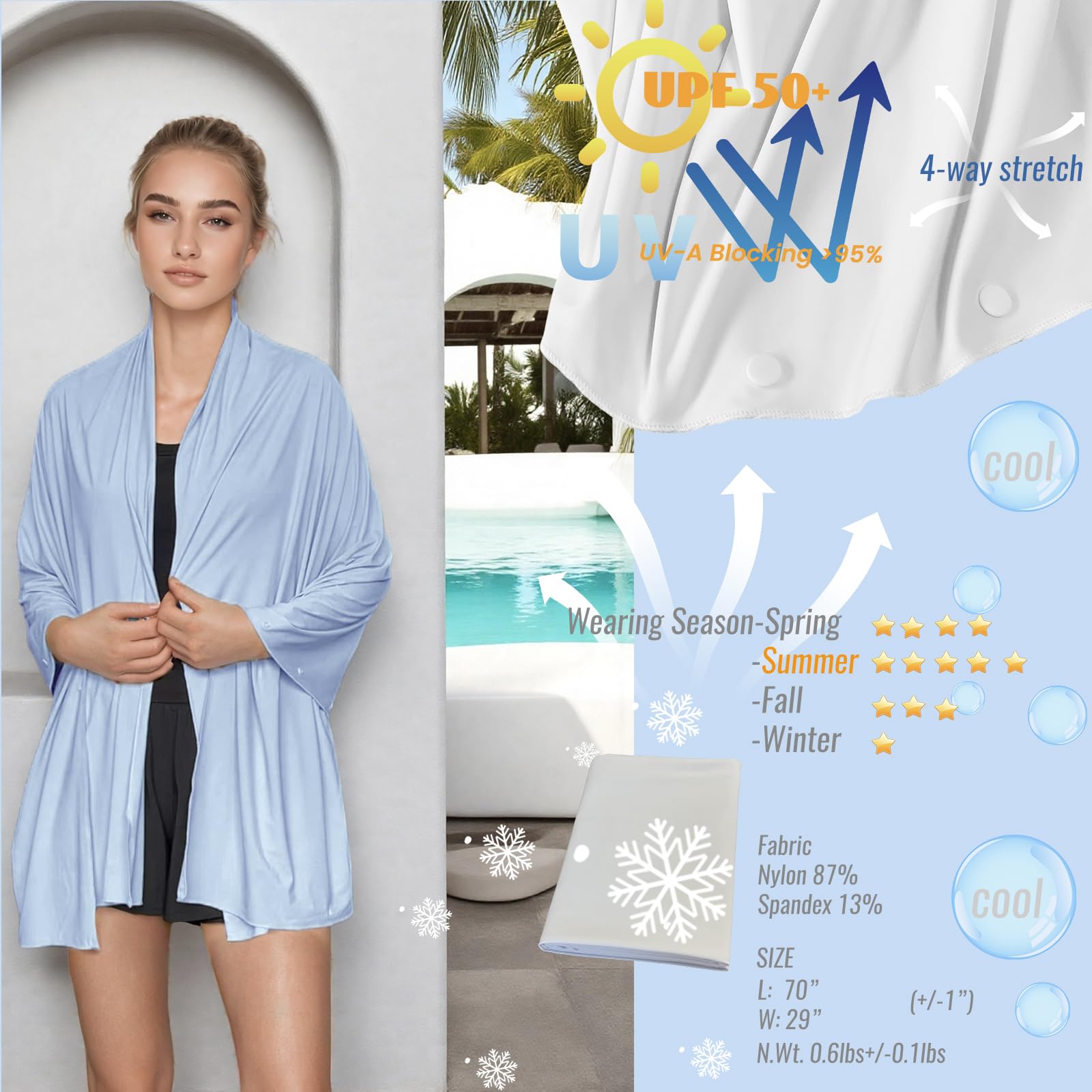 LSF 50+ Sonnenschutz, Strandtücher und Pashminas für Damen, Reiseschal, Decke, Outdoor, Sommer, UV-Weiß, Schal