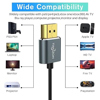 Twozoh Ultra Thin HDMI to HDMI 4 K Cable 0.5 m Hyper Slim HDMI 2.0 Extremely Flexible Supports 3 D/4 K@60 Hz 2160p 1080p
