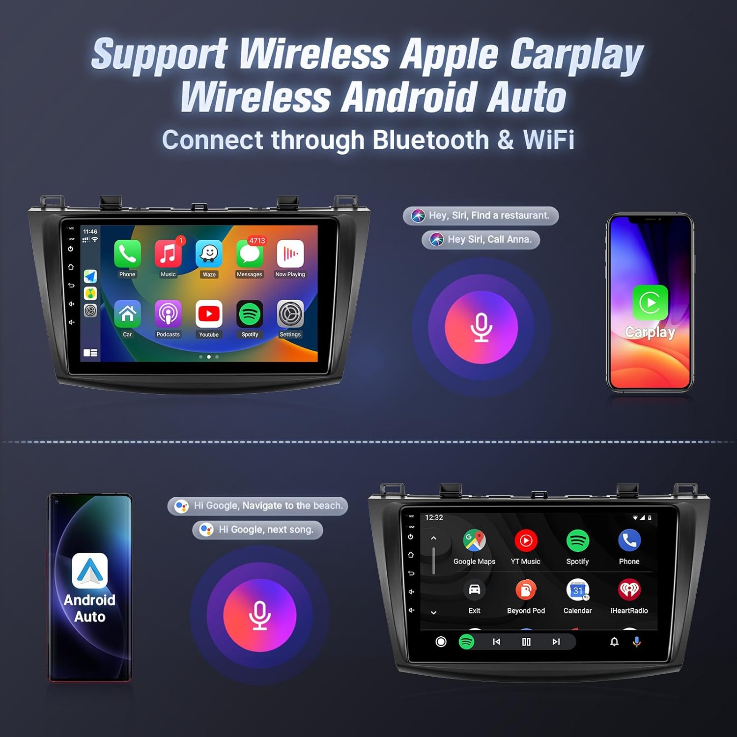 Image illustrating wireless Apple CarPlay and Android Auto interfaces on the car stereo, showing phone functions like music, GPS, calls, and voice control prompts.