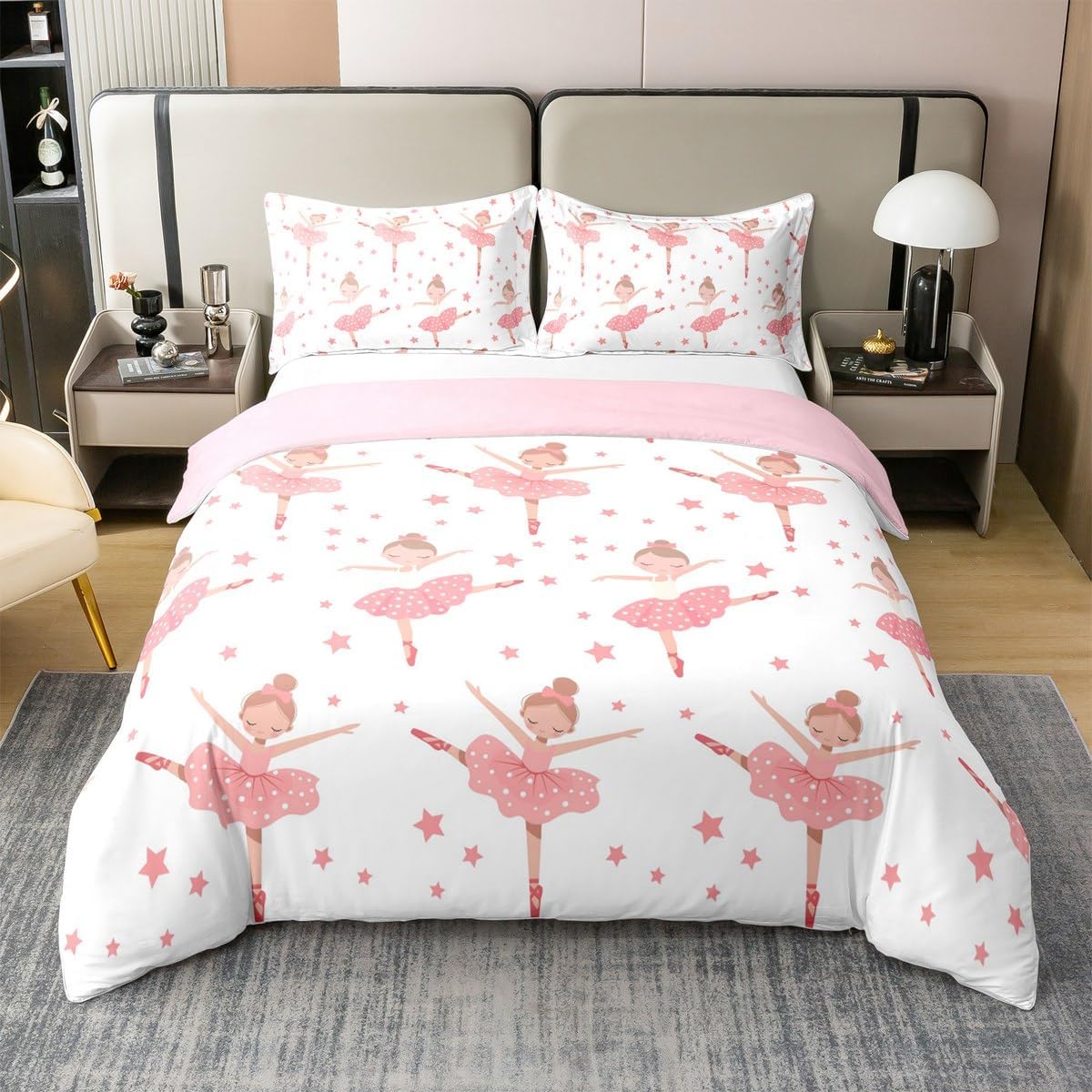 Pink Stars Kids Duvet Cover 100% Cotton Full Size,Starry Sky Cartoon Romantic Girls Women Bedding Set,Geometric Stars Patchwork Pink White Simple Comforter Cover,2 Pillowcases(No Comforter)