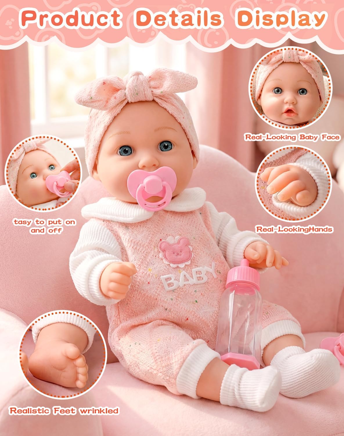DONTNO Realistic 12" Baby Doll with Pacifier & Bottle, Soft Lifelike Newborn Doll for Toddlers, Pretend Play Toy Gift for Kids 3+