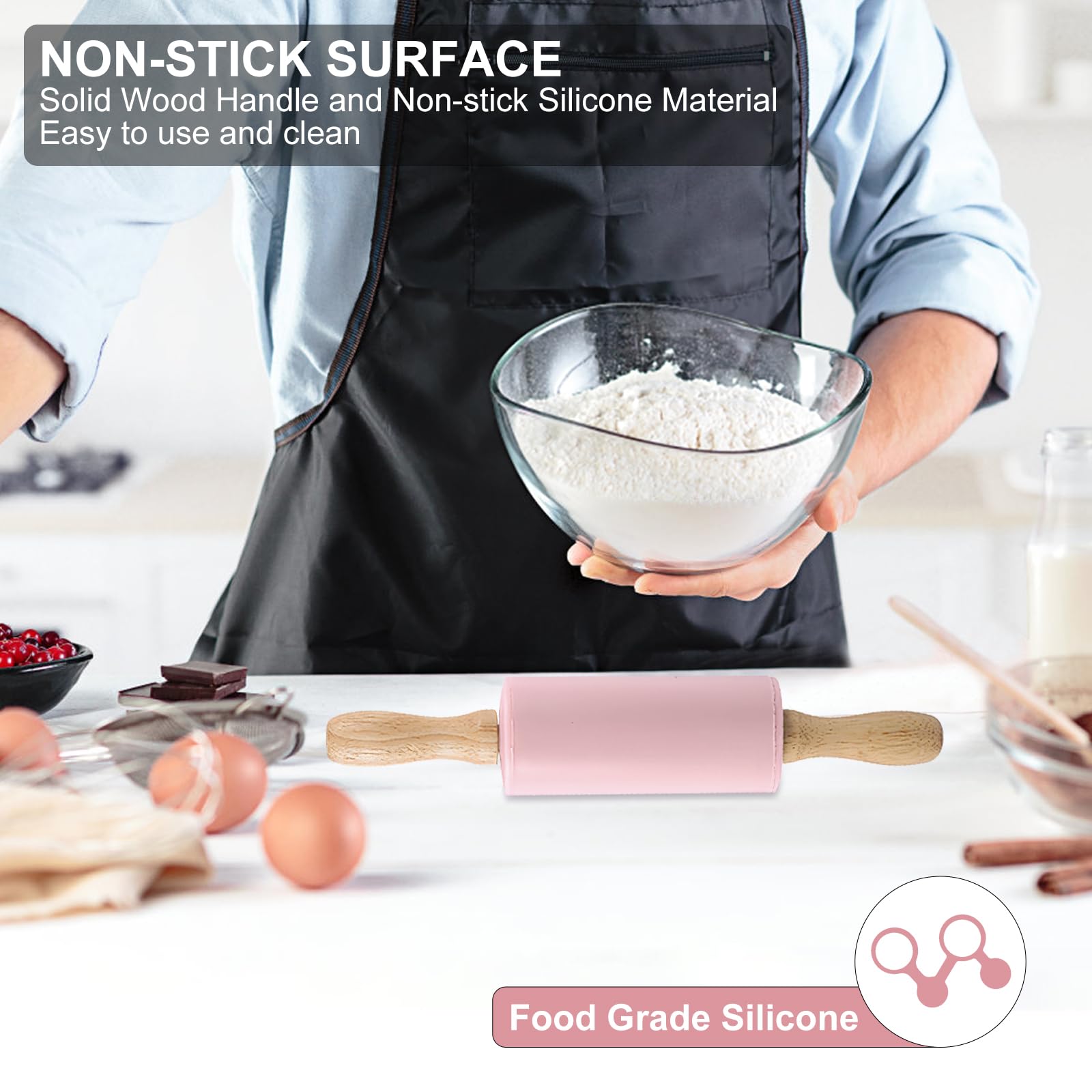 VOSSOT Lot De 2 Rouleaux à Pâtisserie En Silicone Avec Manche En Bois - 23 X 4,2 Cm - Surface Anti-adhésive - Pour Enfants, Pâtisserie, Gâteaux, Pizzas, Fondants, Cookies