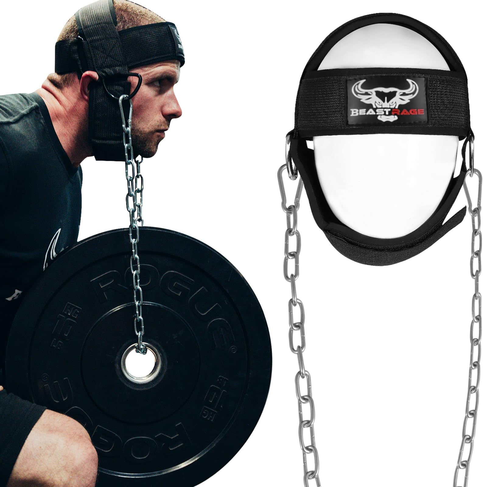 BEAST RAGENeck Harness for Men, Long Steel Chain 30 inches Weightlifting Head Trainer Adjustable Strap Workout Muscle Strengthener Gym Training Ladies Chin Weight Training Padded Support