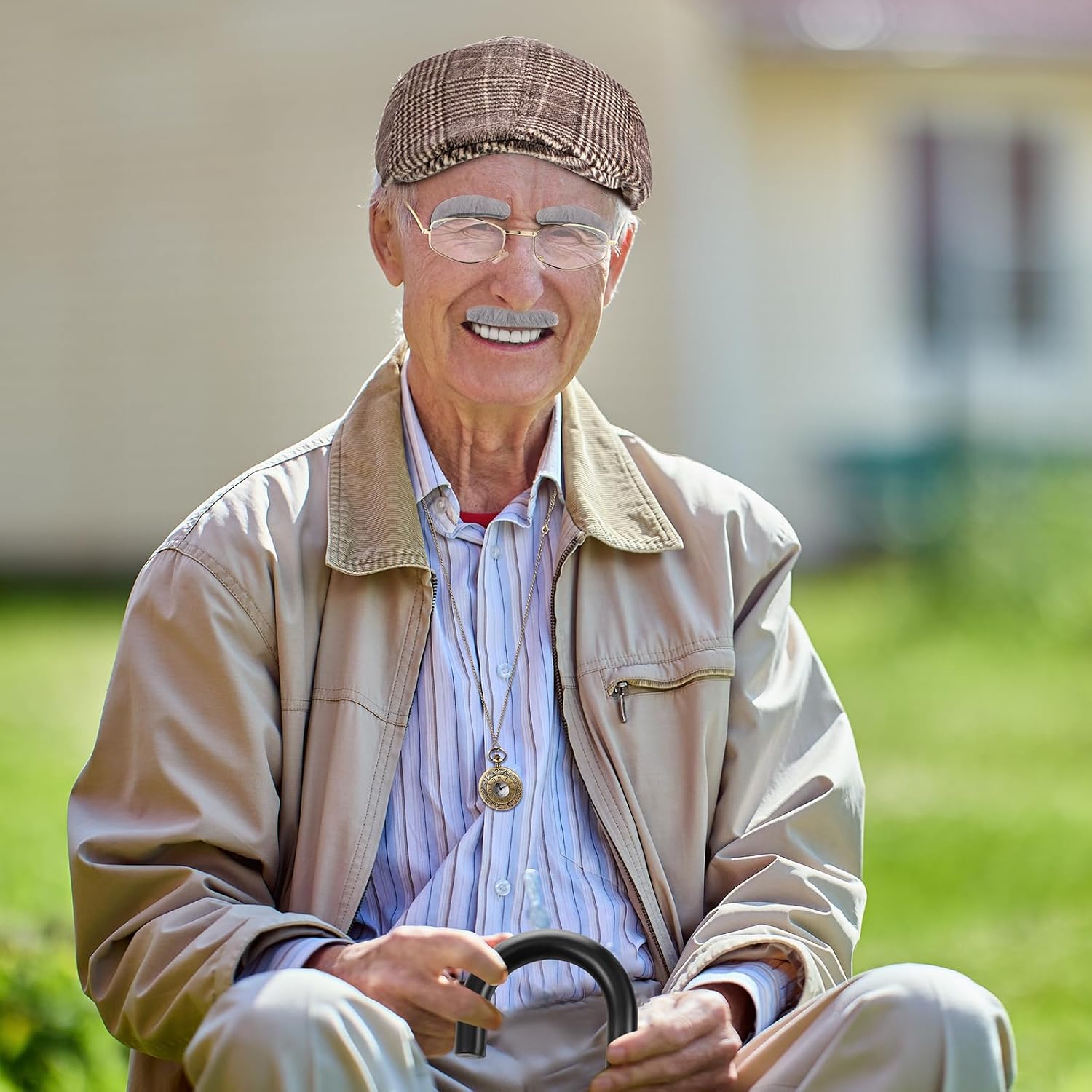 100th Day Old Man Costume 1920s Grandpa Accessories Newsboy Hat Glasses Moustache Eyebrows Pocket Watch(Stylish Style)