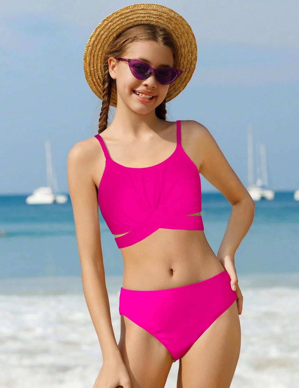 Girls Swimsuit Bathing Suits Criss Cross Bikini Set Two Piece Girls' Swimwear Solid Color Bathing Suit 7-16T - Image 2