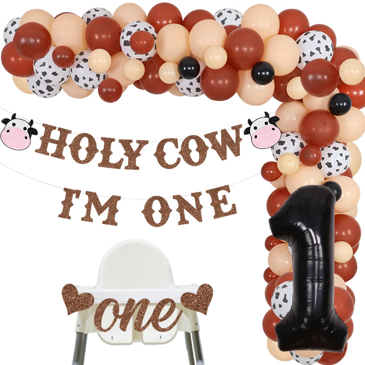 Holy Cow Im One Birthday Decorations Farm Cow Theme 1st Birthday Party Decorations Brown Black Balloon Garland Arch Kit with Holy Cow Im One Banner One High Chair Banner for Cow 1st Birthday