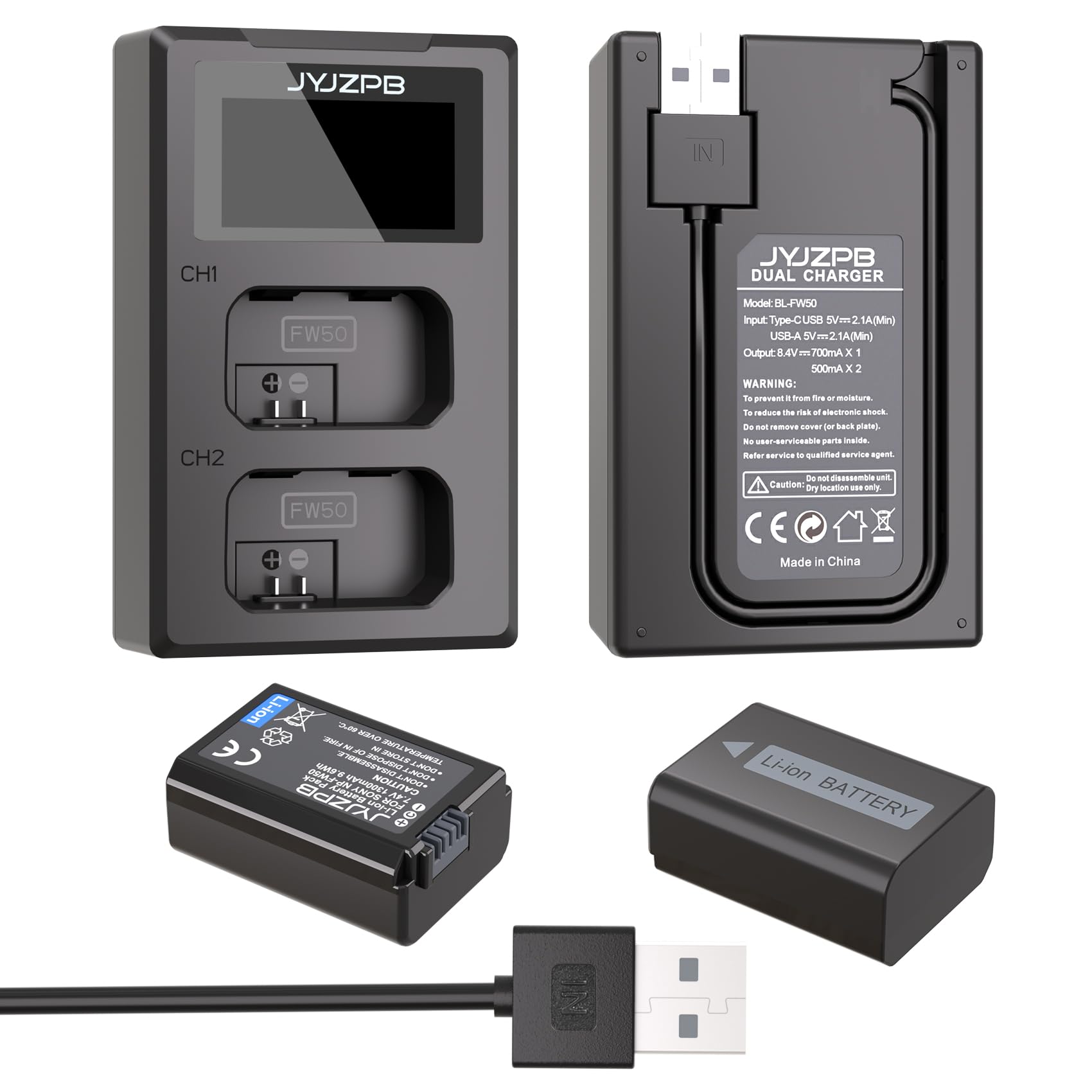 2 Packs A6400 NP-FW50 Battery and Charger with Built in Cable for Sony
