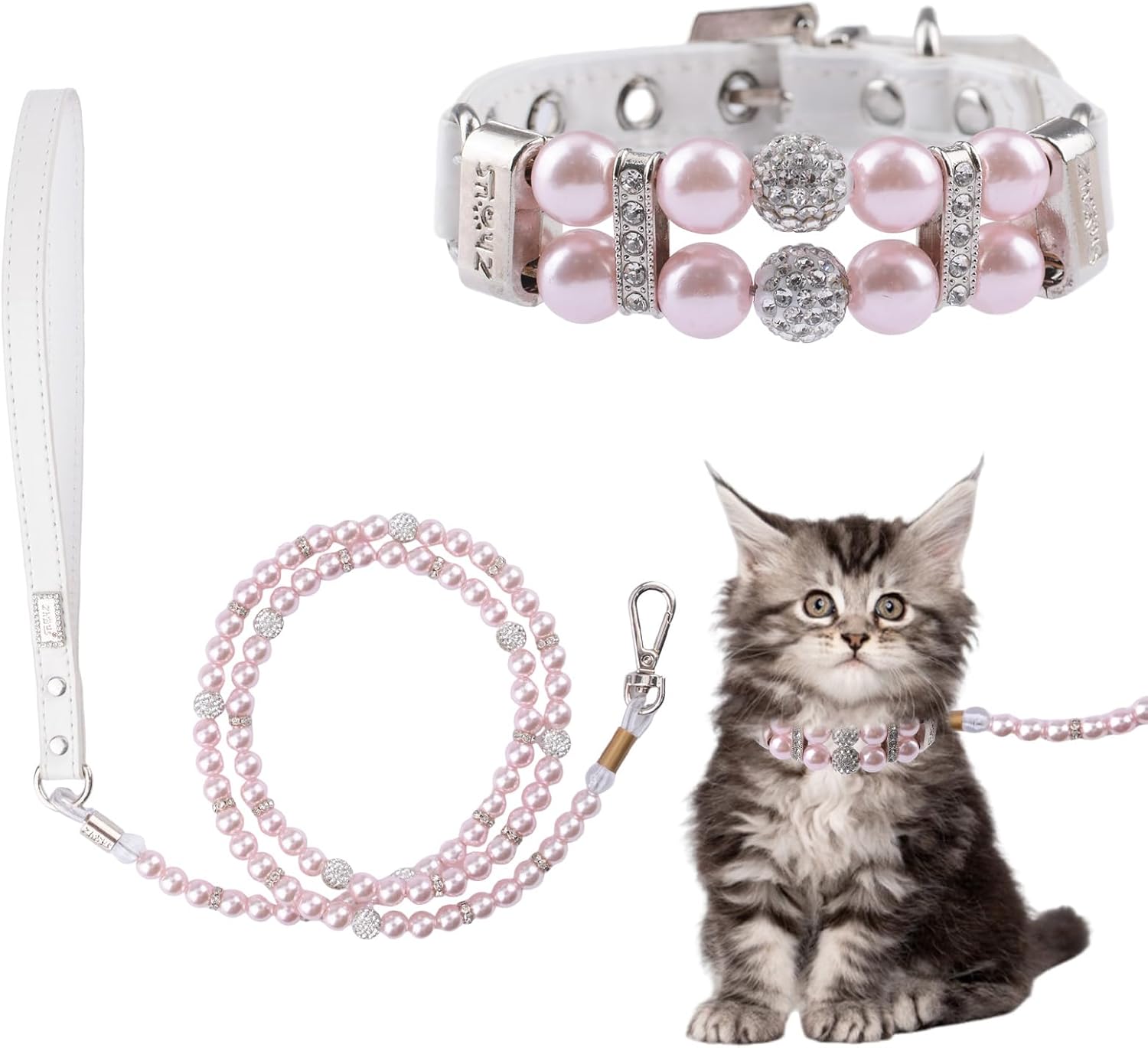 Pearl Dog Leash and Collar,Dog Cat Pearl Collar Leash Set Adjustable Dog Leather Pearls Collars with Rhinestone for Small Dogs Cats Puppy XS(Pink)