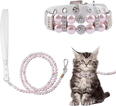 Pearl Dog Leash and Collar,Dog Cat Pearl Collar Leash Set Adjustable Dog Leather Pearls Collars with Rhinestone for Small Dogs Cats Puppy XSPink
