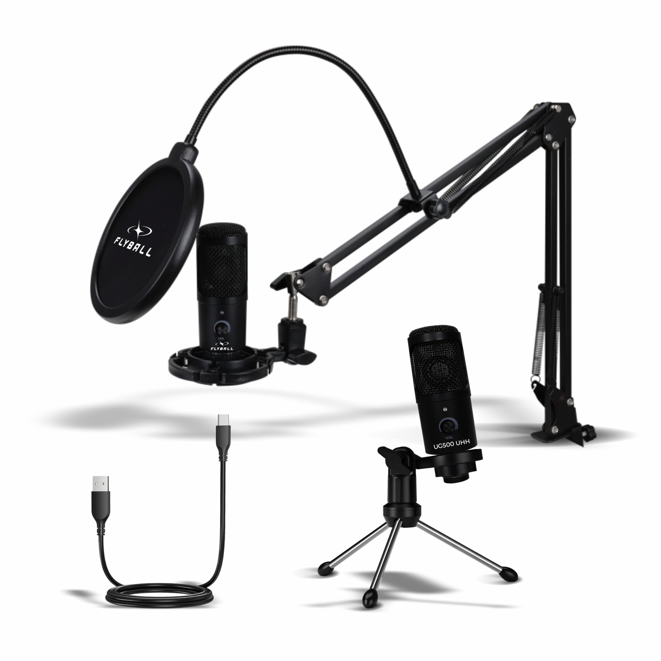 FLYBALL USB Condenser Microphone Kit,192kHz/24Bit Type-C Studio Recording Mic for Podcast, YouTube, Gaming, Singing & Streaming, Full Setup with Arm Stand, Pop Filter,Shock Mount & Tripod (UG 500 UHH)-image-14