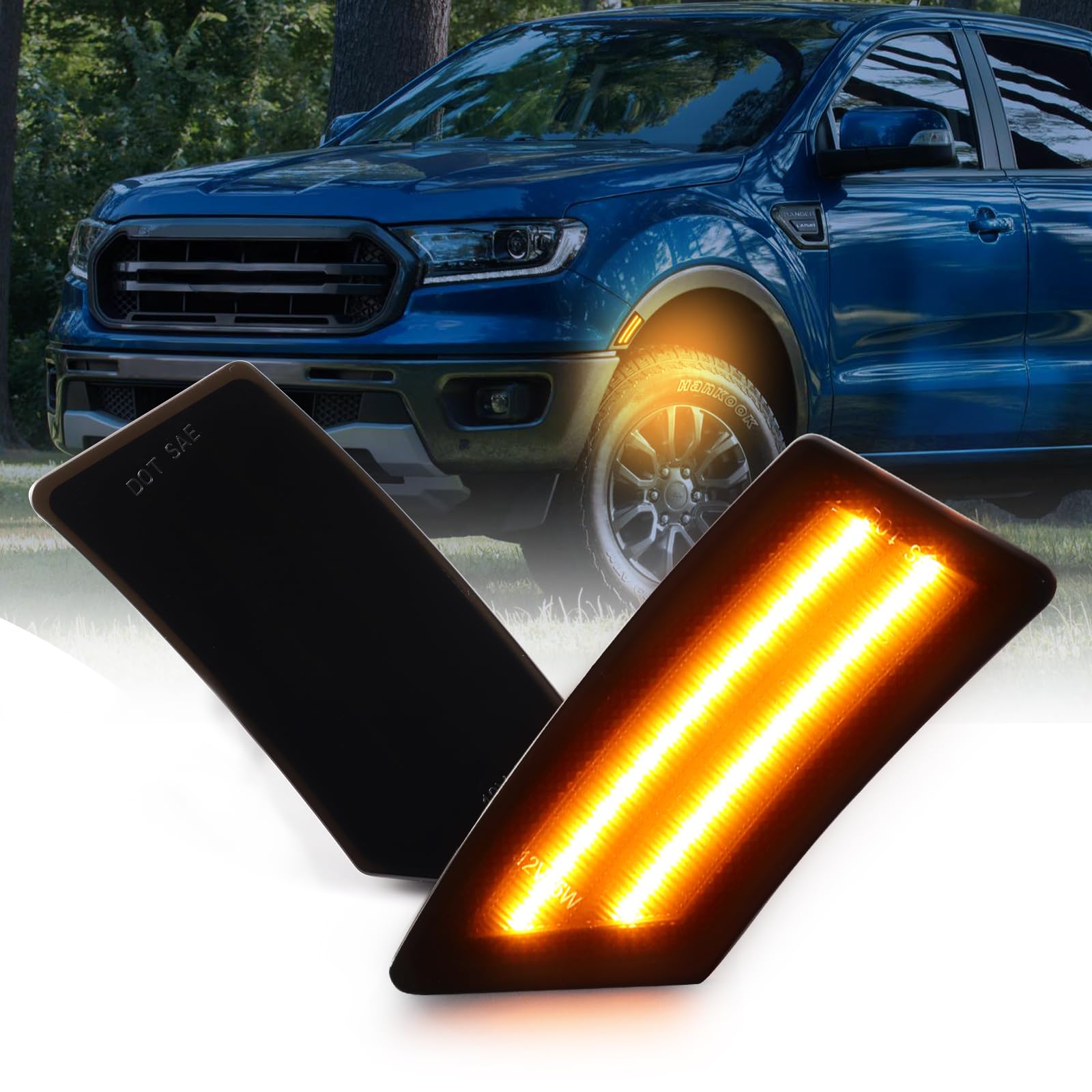 LED Side Marker Lights For Ford Ranger (2019-2022) - Smoked Lens, Amber LED Strip, Plug & Play Replacement
