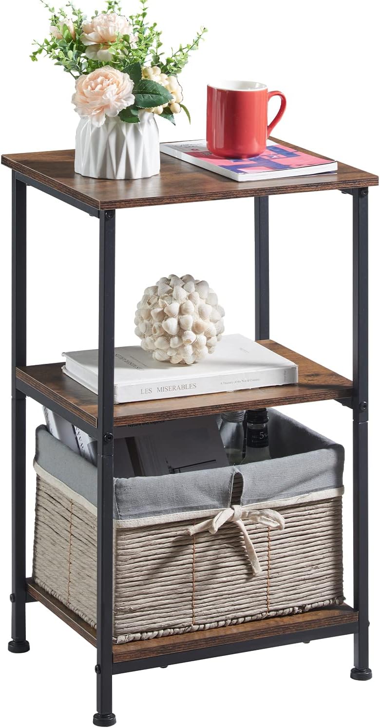 Somdot Side Table, 3 Tier End Table with Storage Shelf for Sofa Couch, Nightstand Bedside Table for Living Room Bedroom, Easy Assembly - Rustic Brown/Black