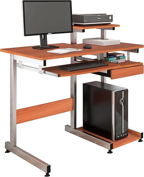 Techni Mobili Desk with Printer Shelf, Keyboard Tray and Drawer, Compact Workstation with Storage, Woodgrain