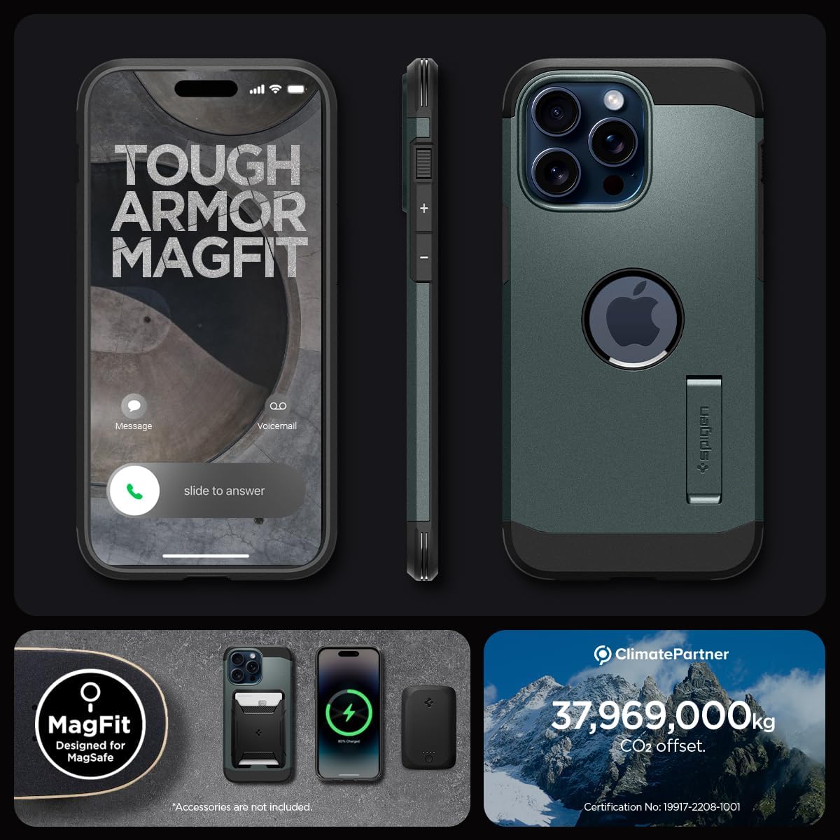 Spigen Tough Armor MagFit Designed for iPhone 15 Pro Case (2023) [Kickstand] [Military-Grade Protection] Compatible with MagSafe - Abyss Green - Image 9