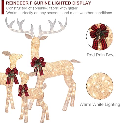 Miniatura 5 de Juego familiar de 3 piezas de decoración navideña de reno iluminado de 60 pulgadas, Buck 39 pulgadas, ciervo de 27 pulgadas, decoración navideña
