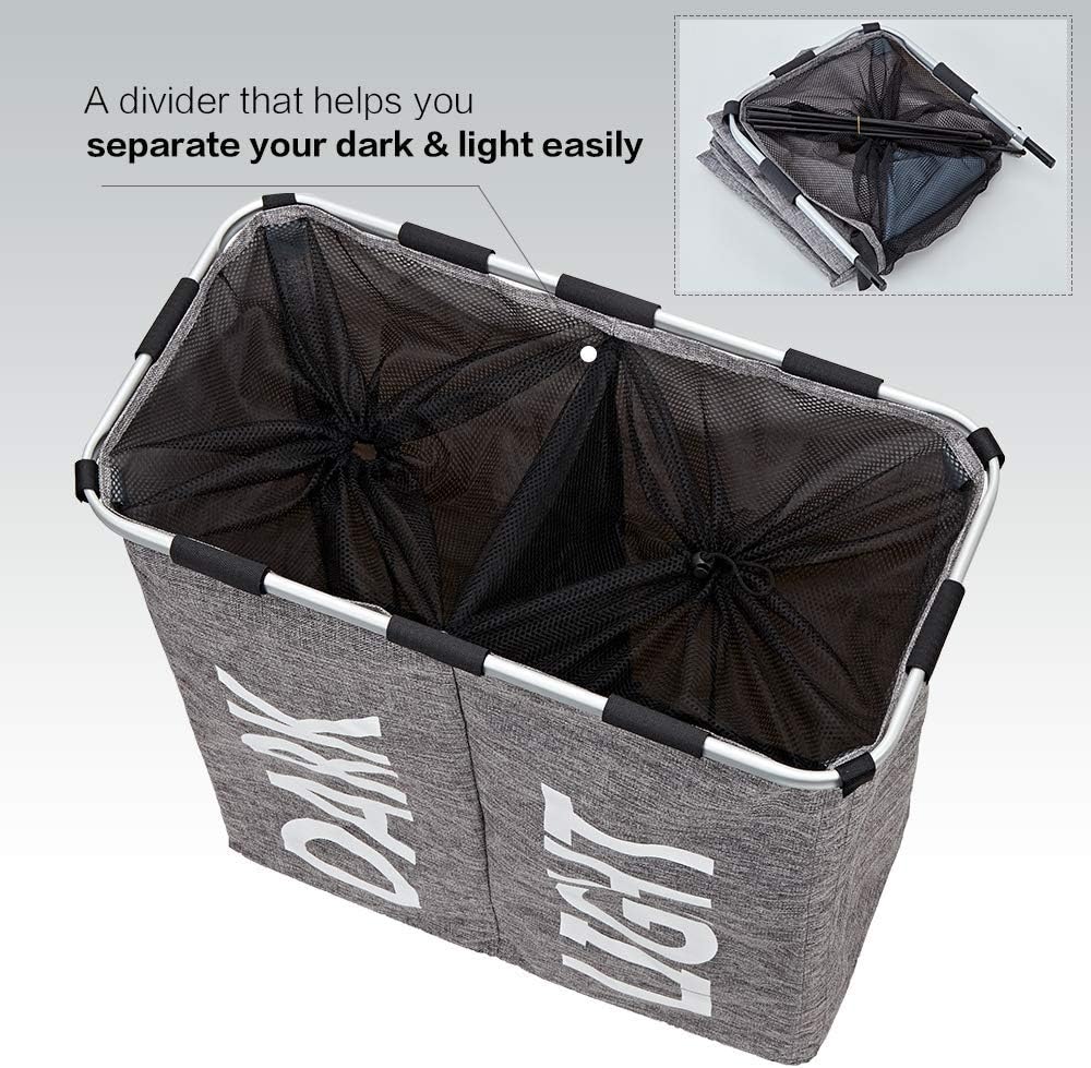 HOMEST Self-Standing Sturdy 2 Section Laundry Hamper Bag with Aluminum Frame Dirty Clothes Sorter Dark & Light Basket, Grey