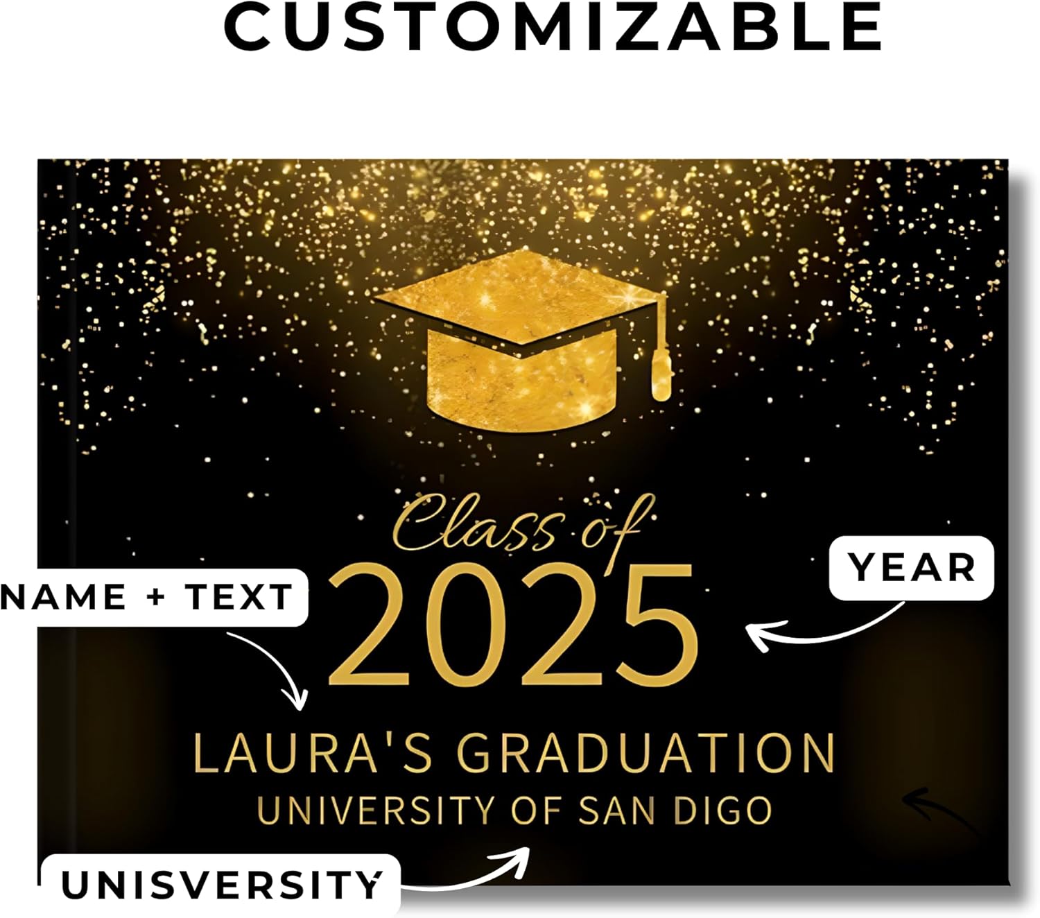 Graduation Guest Book Black Personalized – Custom Guestbook for High School or College Graduation, Memory Book for Party and Keepsake (60 guests)