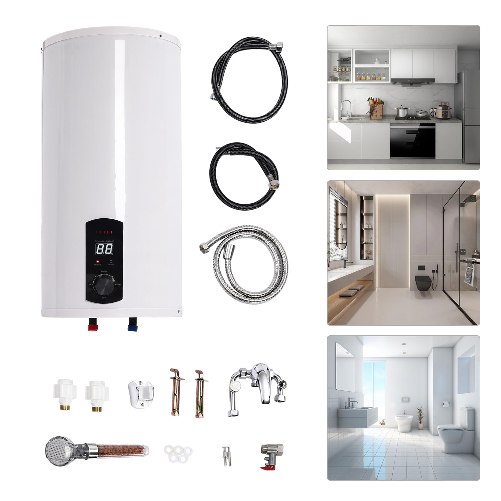 Scaldabagno Elettrico Verticale 80L Schermo Digitale 2000W Parete | 2000 W, IPX4, viene fornito con doccetta e rubinetto, installazione a parete - cucina, bagno, caravan, casa.