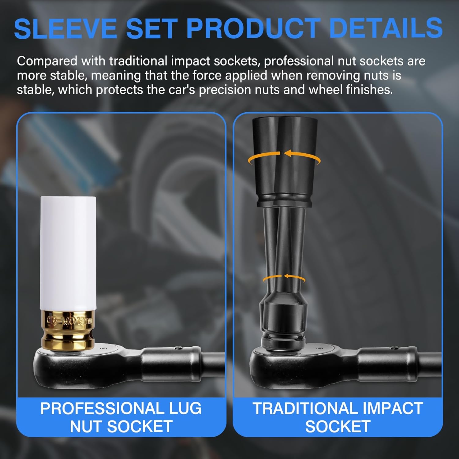 1/2" Drive Wheel Protector Impact Socket, Non-Marring Lug Nut Thin Wall Deep Socket Set, CR-MO, 6 Point, Color-Coded Protective Socket | Metric 17 19 21 22 mm (4 PCS) - Image 8