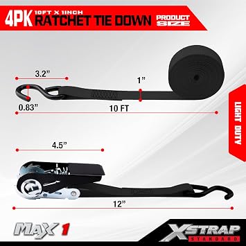 XSTRAP STANDARD Ratchet Tie Down Straps 4 Pk 10 Ft- 300 Lbs Load Cap- 900 Lbs Break Strength-Cargo Straps for UTV, ATV, Pickup,Truck, Moving Appliances, Lawn Equipment, Black