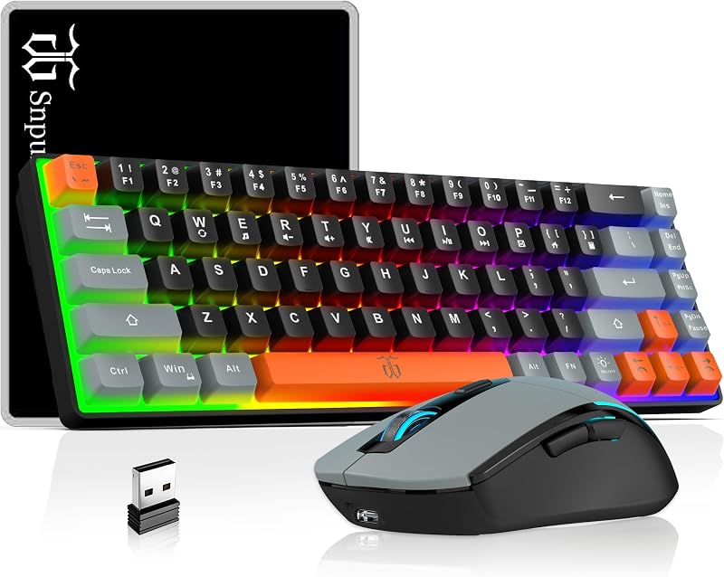 Snpurdiri 60% Wireless Gaming Keyboard and Mouse Combo (Gray-Black-Orange) | Rainbow Backlit Rechargeable 2000mAh Battery,Mini Gaming Keyboard + Popular RGB Mice for Gaming,Business Office