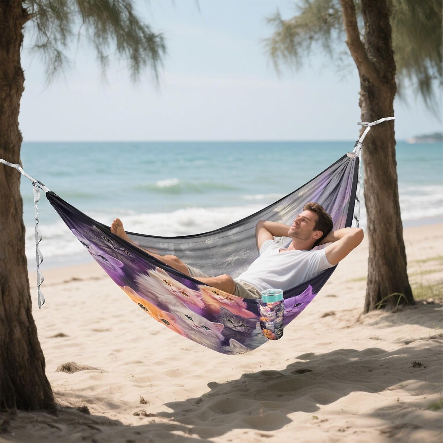 ALAZA Cat Kitten Collection Camping Hammocks Single or 2 Person 500 lbs Portable Parachute Travel Hammock w/Tree Straps for Hiking Backpacking Indoor Outdoor