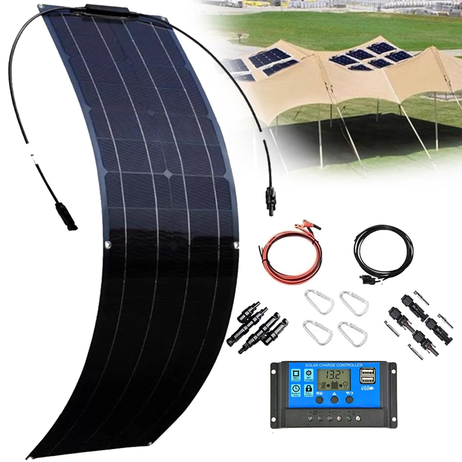200W 400W 800W Pannello Solare flessibile kit Monocristallino Pannello Fotovoltaico con 40A Regolatore solare per RV, camper,auto, barca, roulotte,famiglia(200W)