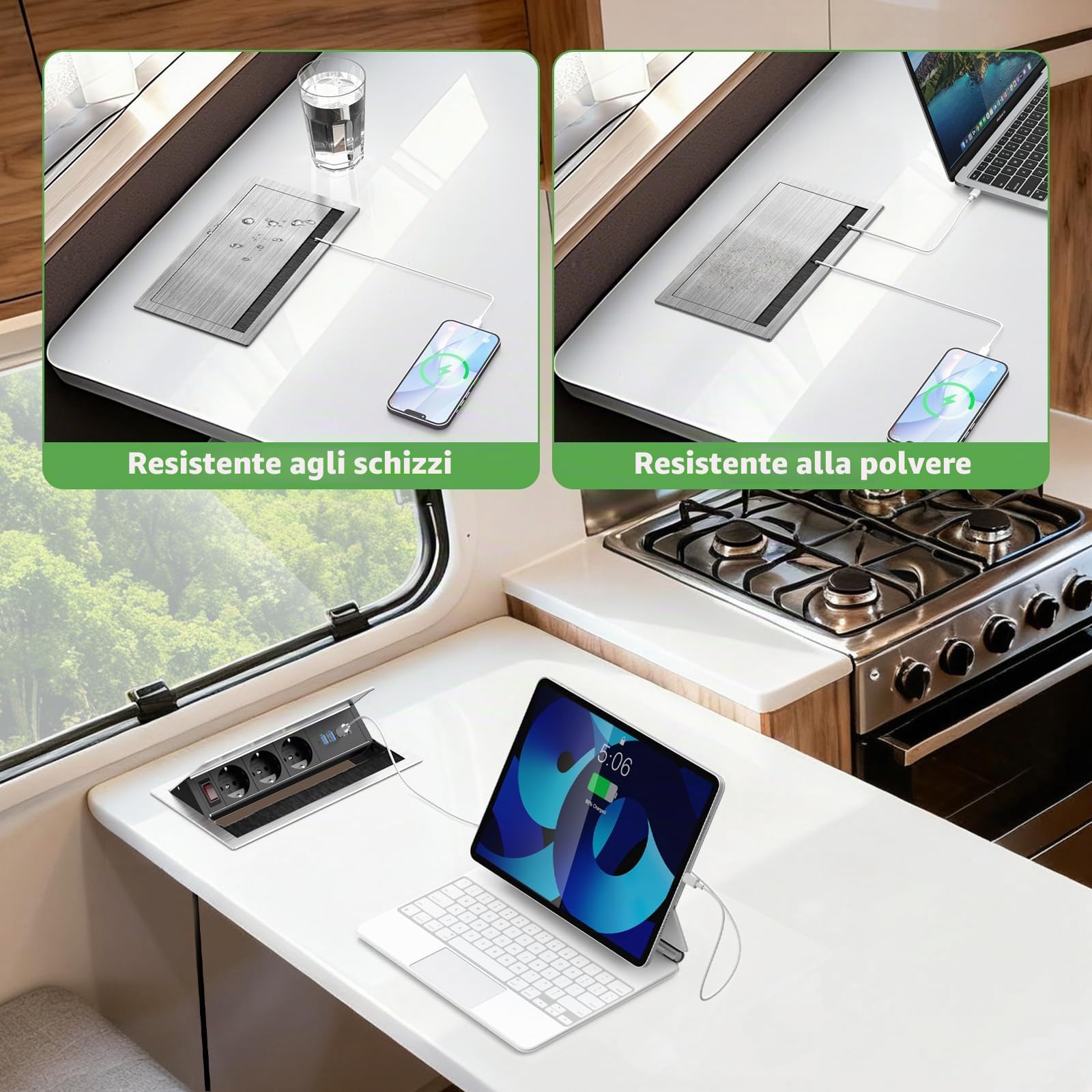 Presa a scomparsa in alluminio con 2 USB-C PD 30 W e 2 USB-A, presa da incasso a 3 prese con USB e interruttore, presa da tavolo a scomparsa con USB per sala conferenze, casa, ufficio, cavo da 1,8 m