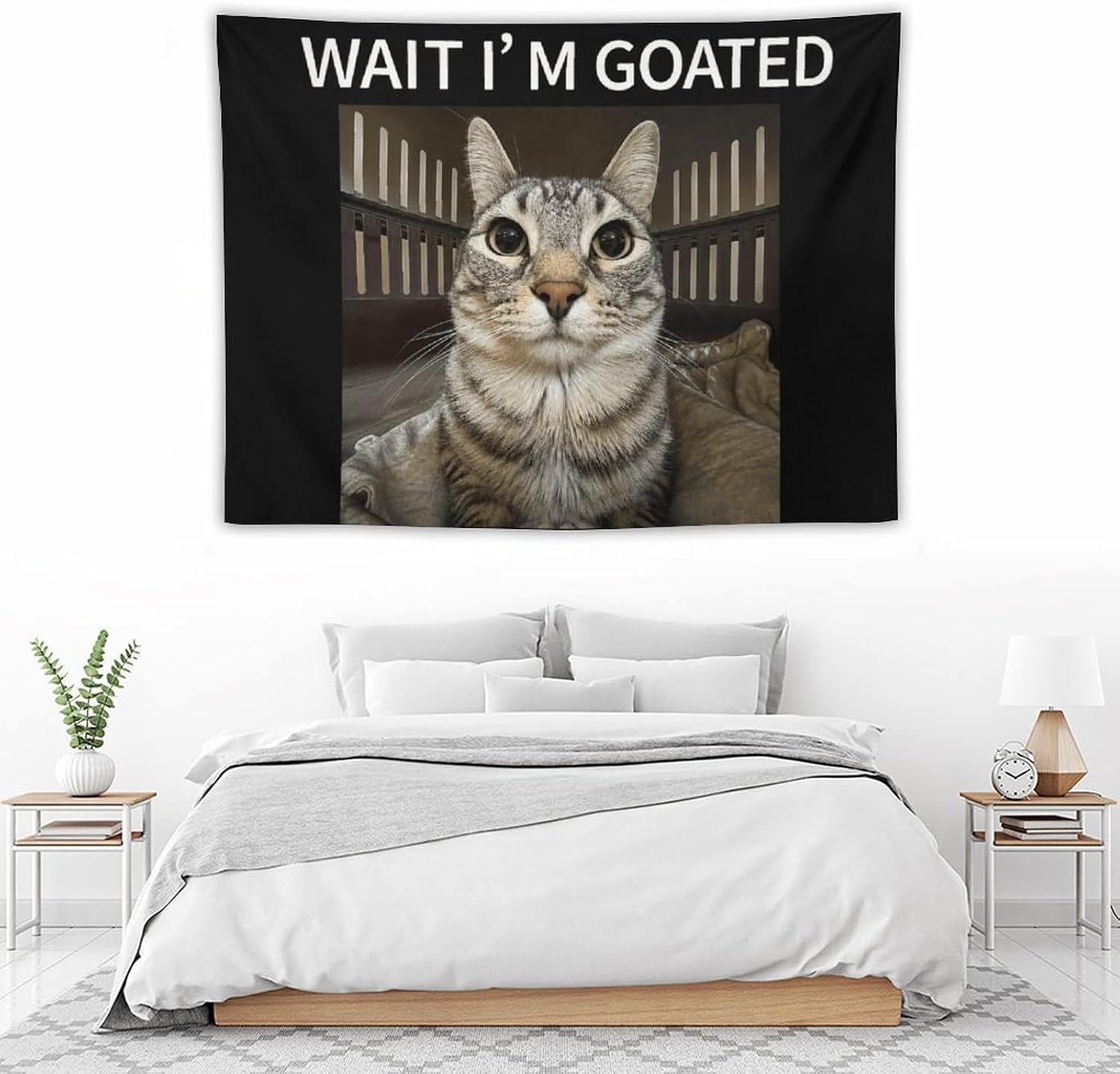 Gyvif Funny Cat Meme Tapestry, Wait I'm GOATED Wall Hanging, Cute Cat Wall Art, Internet Meme Fabric Tapestry for Bedroom Dorm Room Apartment Living Room College Room Home Décor image 4