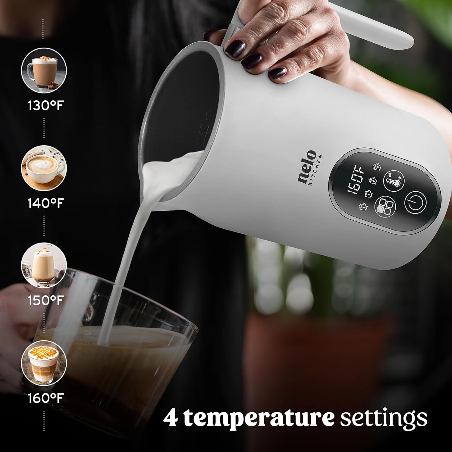 NELO Milk Frother pouring milk into a glass with temperature settings