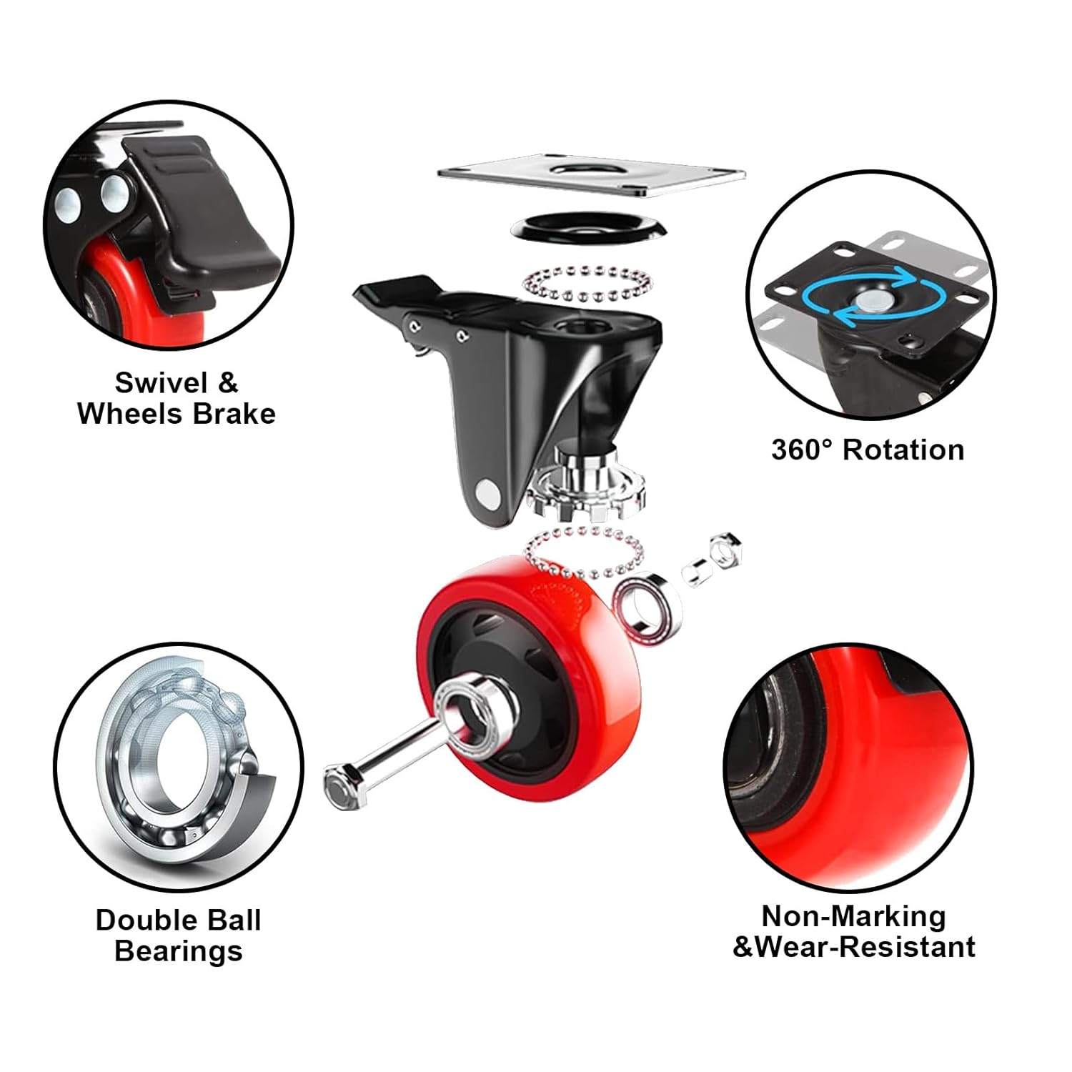 3 inch Casters Wheels, 3" Heavy Duty Casters Polyurethane (PU) Swivel Set of 8 Load 2000lbs with Brake, Locking Swivel Plate Caster, Industrial Castor Wheels for Carts,Furniture and Workbench