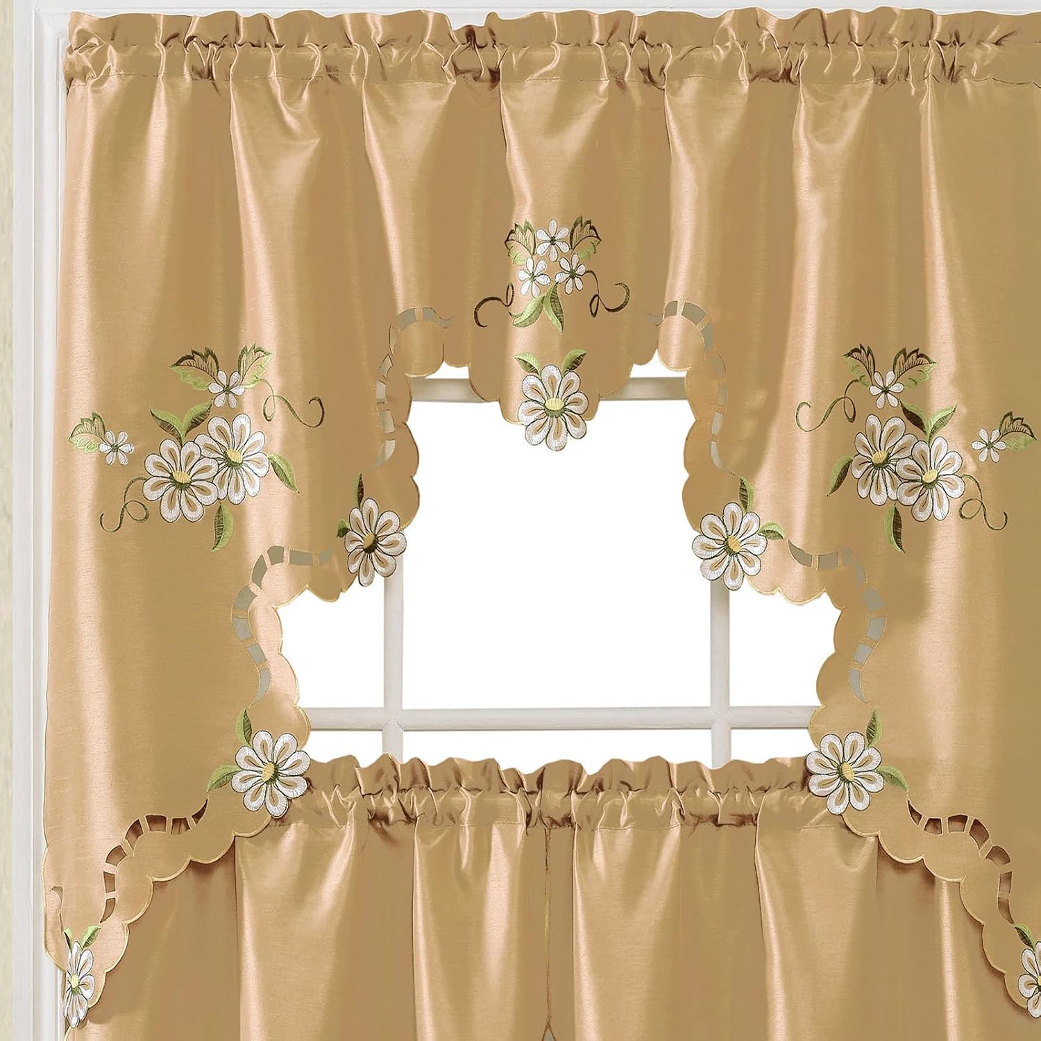 GOHD Cutwork Floral. Kitchen Curtain Set. Swag Valance and Tier Set. Nice Embroidery on Faux Silk Fabric with cutworks. (Rust)