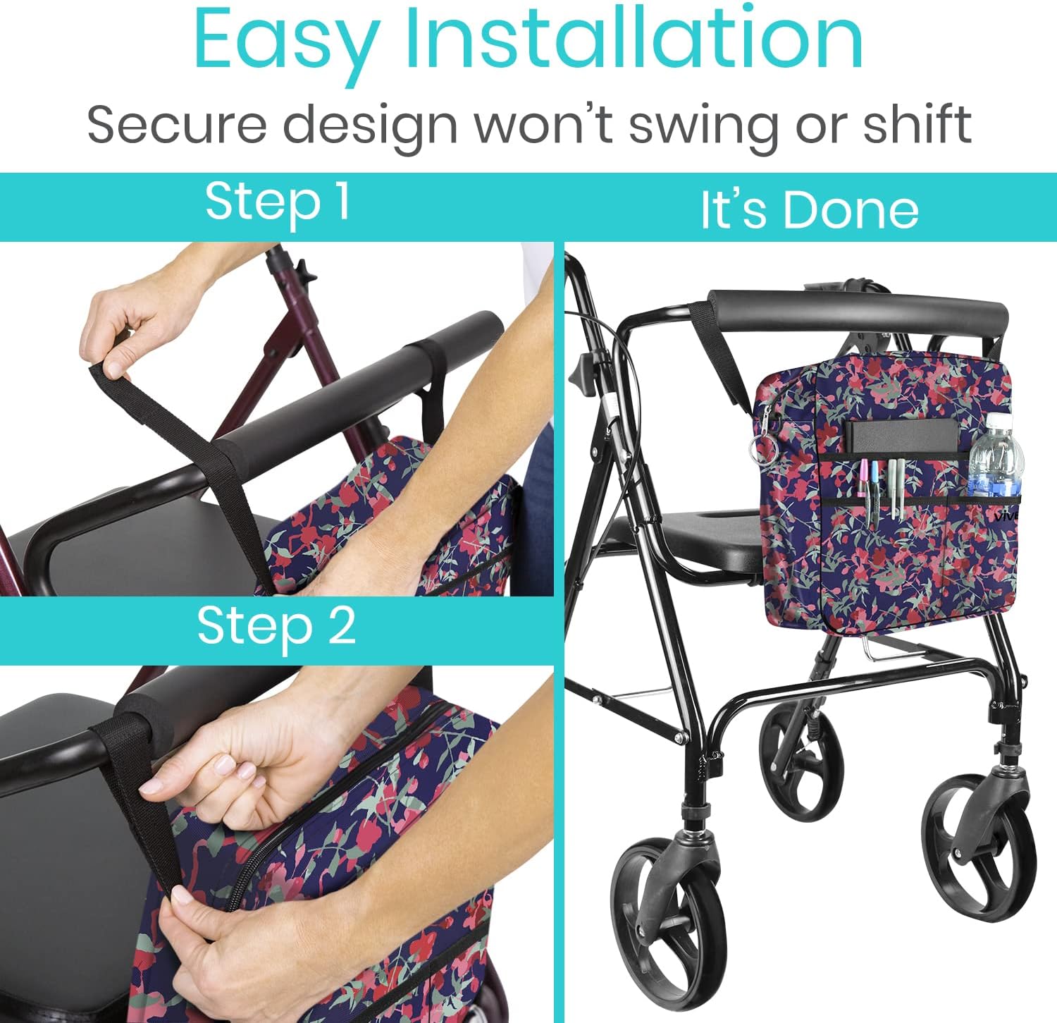 Vive Rollator Bag - Universal Travel Tote for Carrying Accessories on Wheelchair, Rolling Walkers, Transport Chairs, Mobility Scooters - Lightweight Handicap Medical Mobility Aid - for Women, Seniors : Health & Household