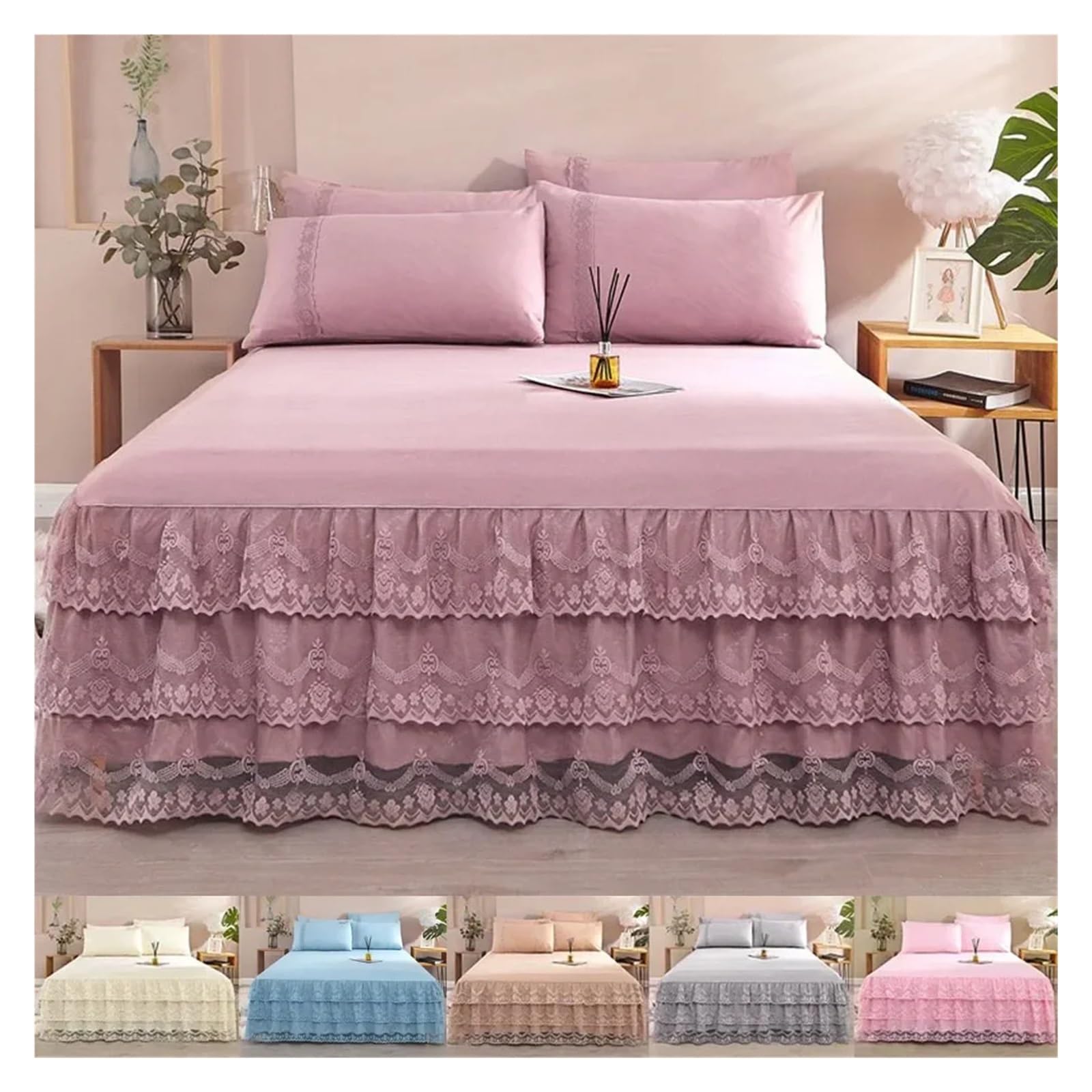 Falda de Cama de 3 Capas, Falda de Cama con Volantes de Encaje, Funda de Cama for Dormitorio, Falda de Cama, Funda de colchón Antideslizante, sábana, Colcha, 1 Unidad(Khaki,1pc 150cmx200cm)