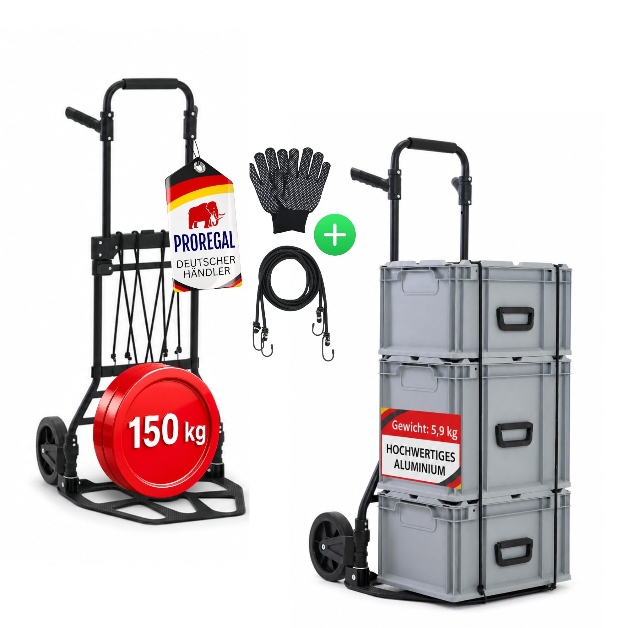 PROREGAL klappbare Aluminium Sackkarre Elephant | Traglast 150kg | 6 kg leicht | große Schaufel, Leichtlauf-Vollgummiräder | ergonomische, höhenverstellbare Griffe | Schwarz | Transportkarre