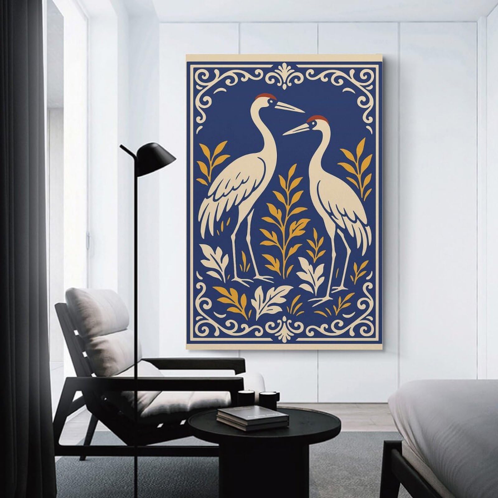 Junmoney Elegant Cranes with Floral Border Hanging Wall Art, 20x30inch(50x75cm), for Living Room, Bedroom, Office Or Hallway, Decorative Artwork with Broad Appeal