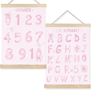 Pink Numbers 0-10 Alphabet Baby Learning Poster Wall Art Decor, Girl Nursery Decor, Coquette Pink Bow Learning Wall Decor Posters for Toddler Baby Girls Kids Room Playroom Homeschool, 12x16 Inch Set of 2