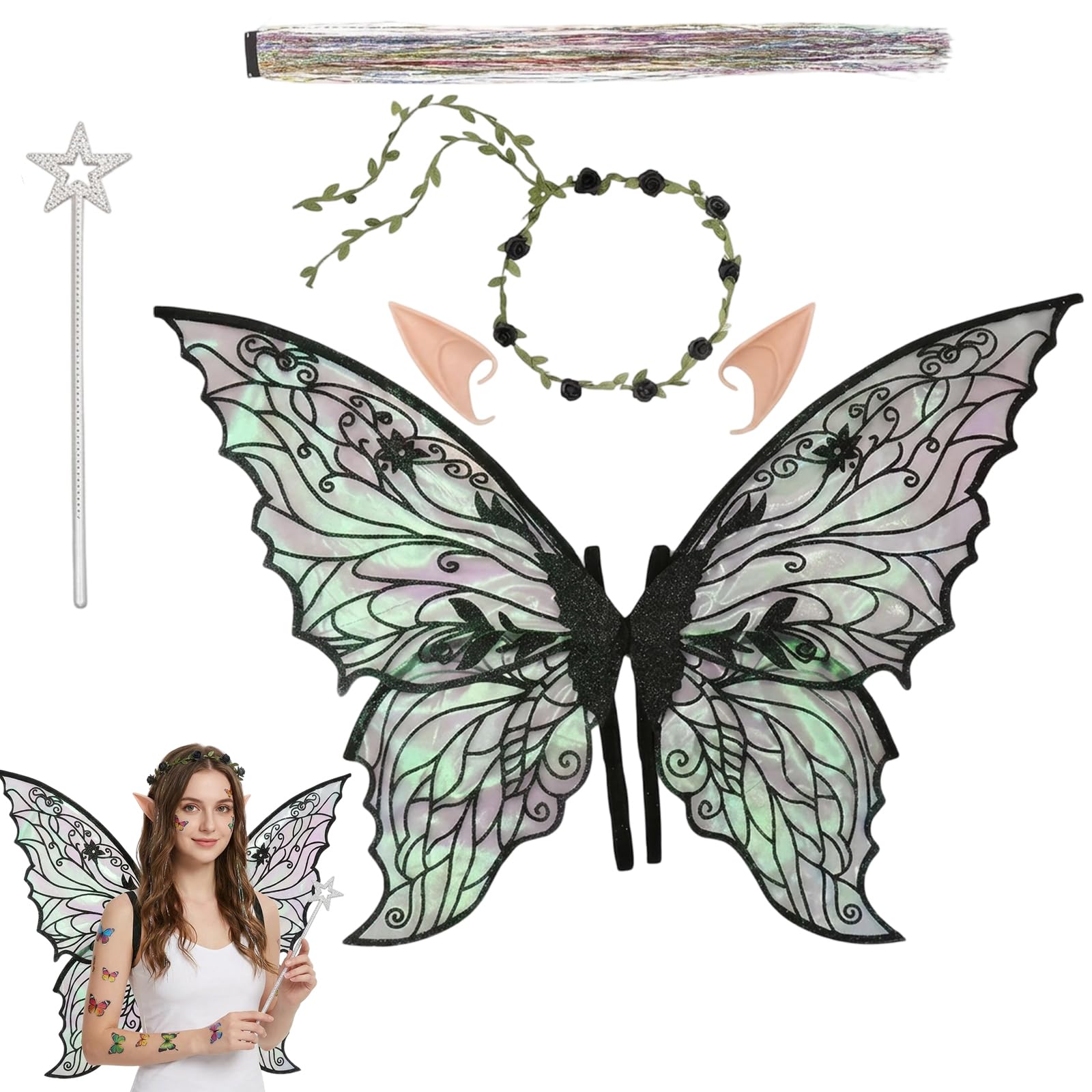 JaiZvt Black Fairy Wings, 5PCS Set Adult Fairy Wings Costume Set with Sparkling Magic Wand and Floral Headpiece, Butterfly Wings for Parties and Cosplay Events, Includes Fairy Wings and Accessories