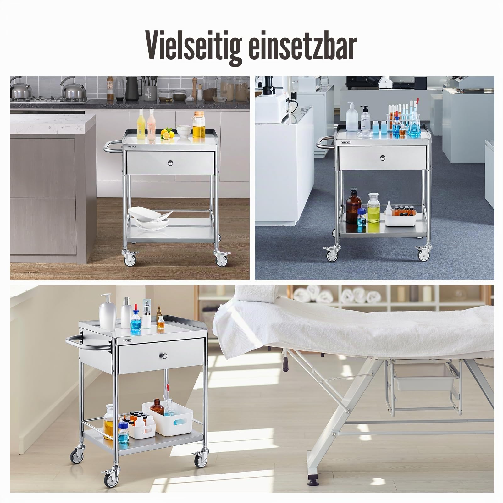 VEVOR Zweistöckiger Laborwagen Gerätewagen Medizintechnik Servierwagen 201 Edelstahl Tragbar Abräumwagen mit Schubladen 100 kg Tragfähigkeit, 710 x 421 x 785 mm (mit Griff) Labor Rollwagen