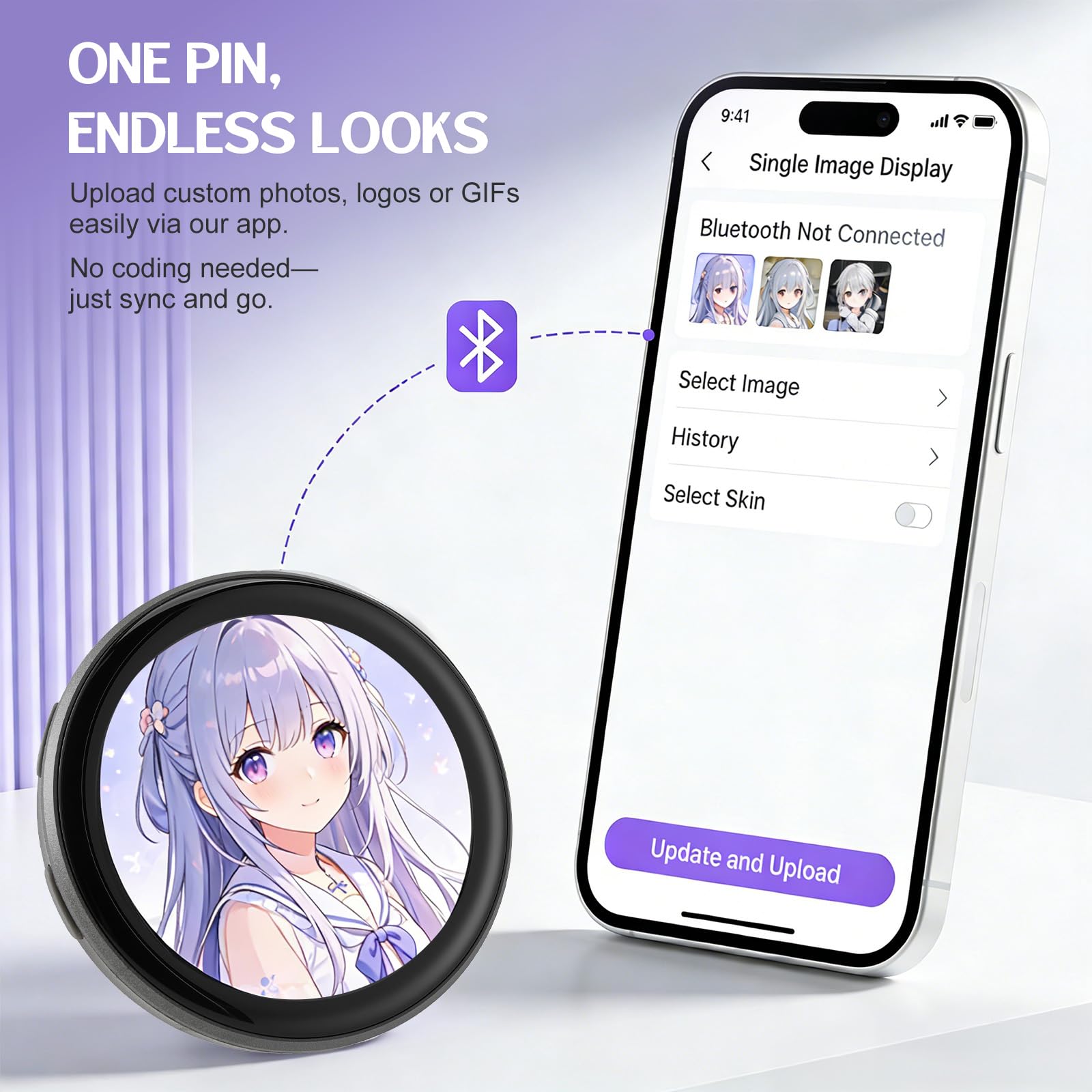 Insignia electrónica, alfileres de anime compatibles con imágenes y vídeos para mochilas, broche de pantalla táctil para mochilas, música, eventos escolares festivos (negro)